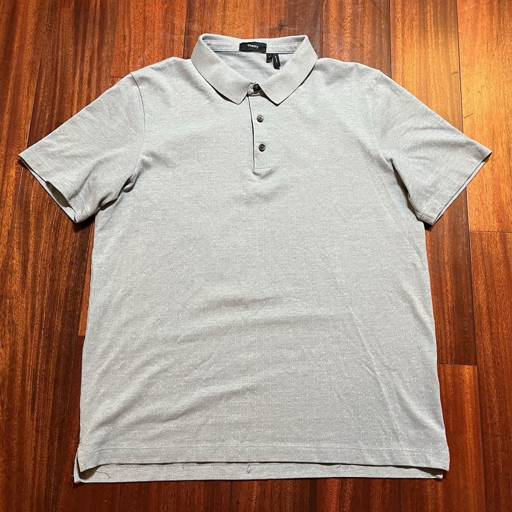 Theory Polo Mens Large Gray Geometric AOP Preppy Classic Casual Short Sleeve *